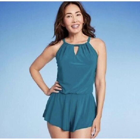 Aqua Green Swimsuit 16 Womens Blue One Piece Swim Romper Pockets UPF 50+ NWT - Picture 1 of 6